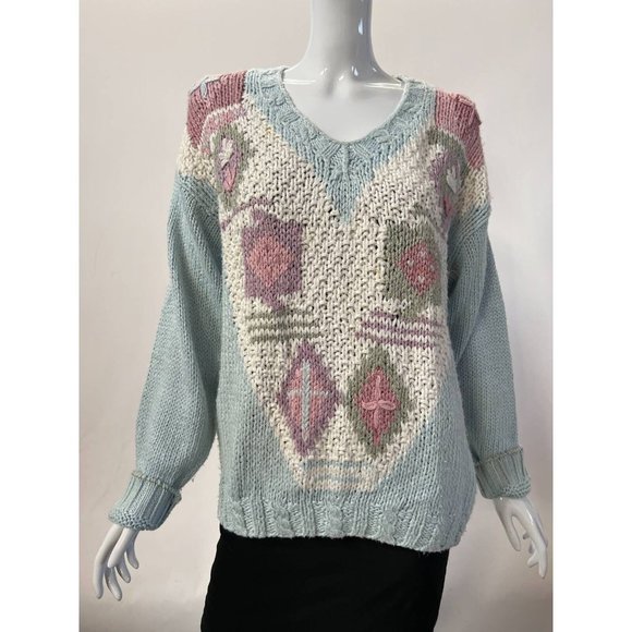 Vintage Huntington Ridge Womens Pullover Sweater Blue V Neck Chunky Hand Knit M - Picture 1 of 12